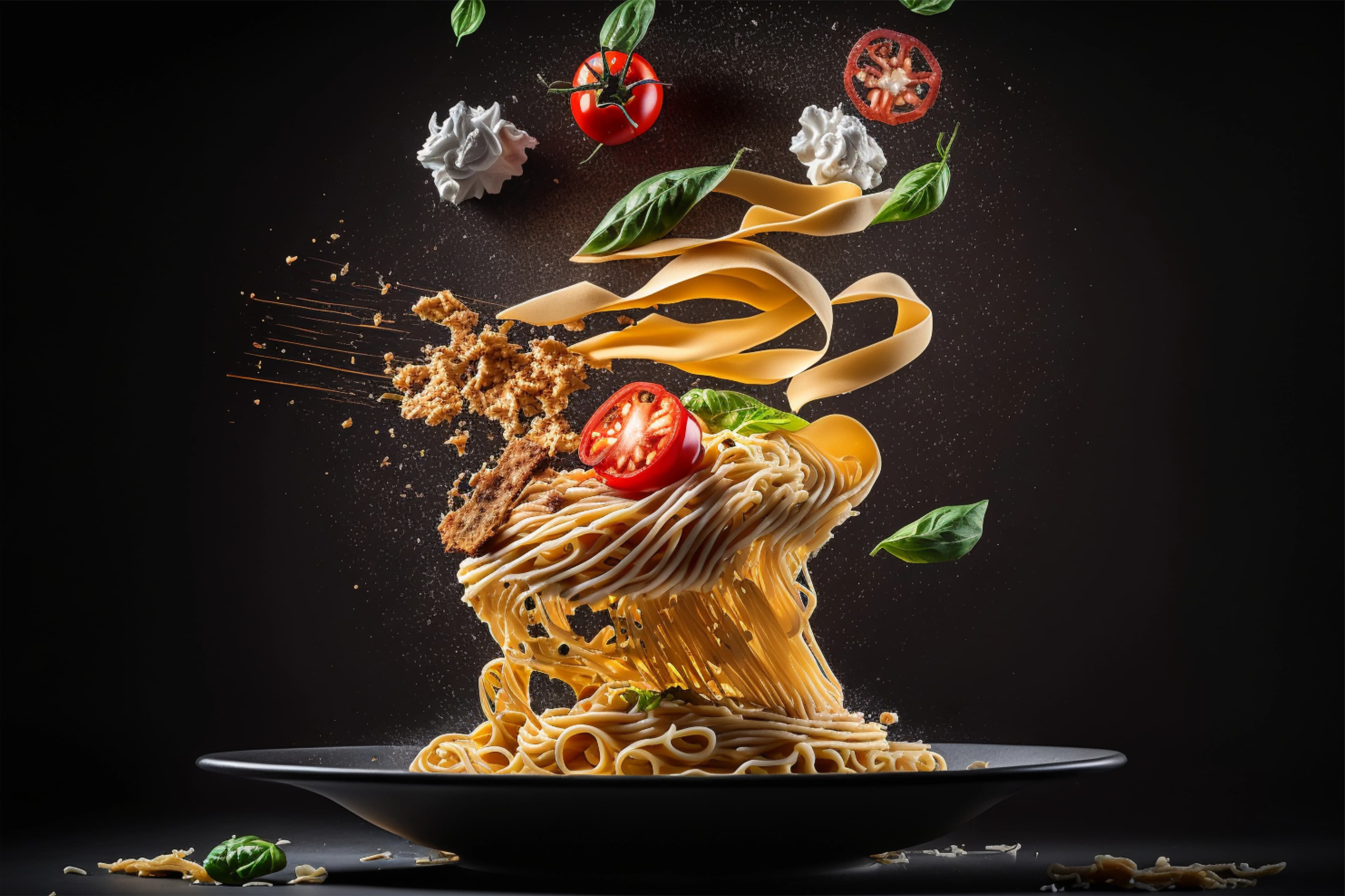 Pasta fresca con tomates y albahaca volando — Pastas Tutto Bene