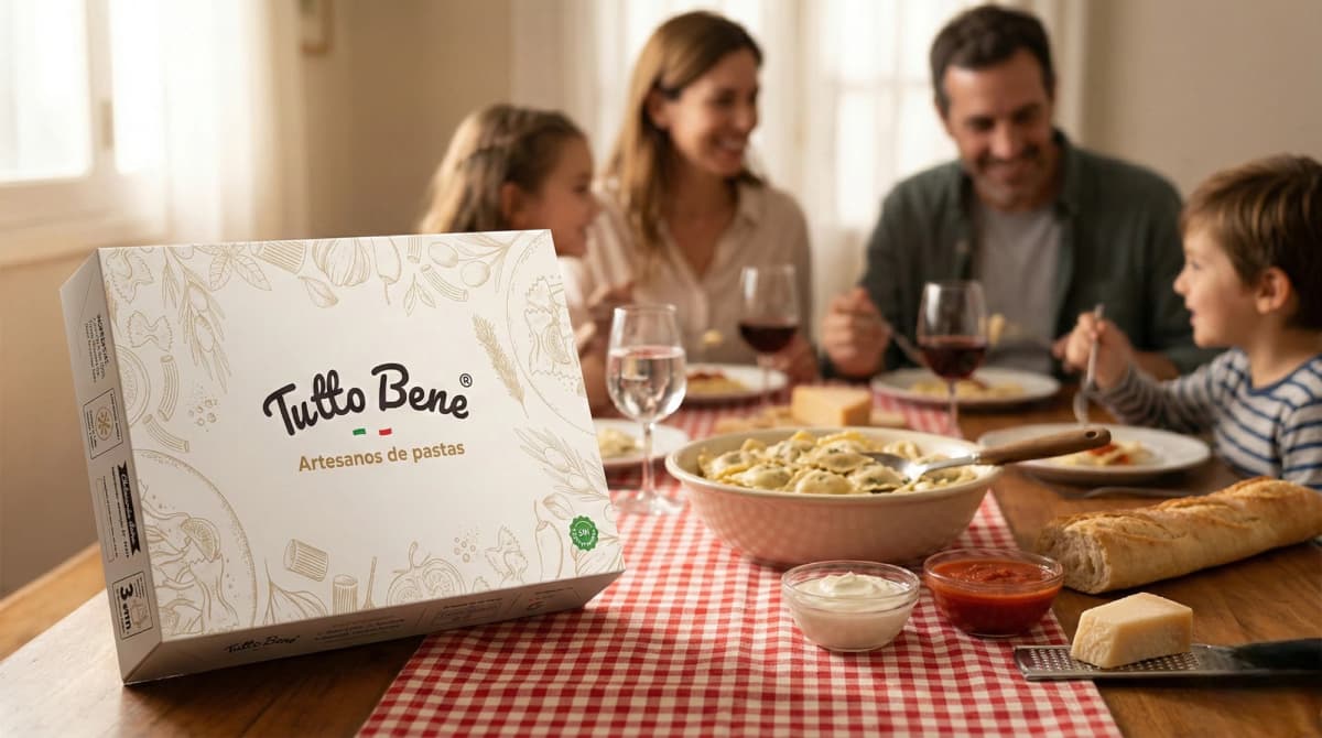 Familia compartiendo pastas artesanales Tutto Bene en la mesa